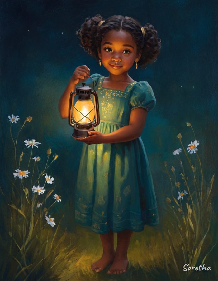 Isabella in a green dress, holding a glowing lantern in a field at night