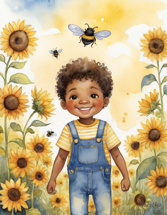 Kyran in a yellow shirt and overalls among sunflowers and bumblebees